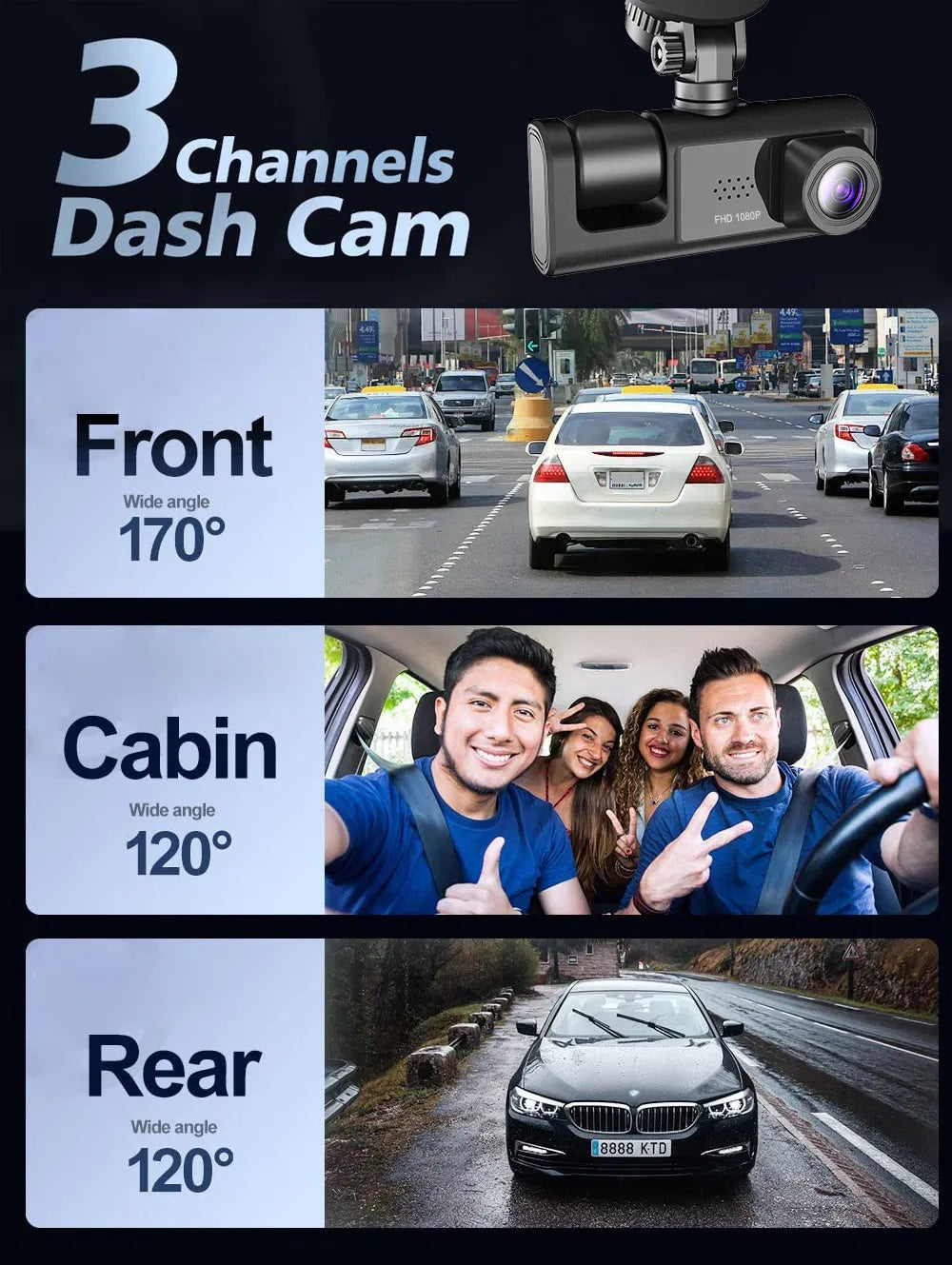 Car Dual Lens Dash Cam HD 1080P Front Rear Inside Video Recorder Camera G-Sensor