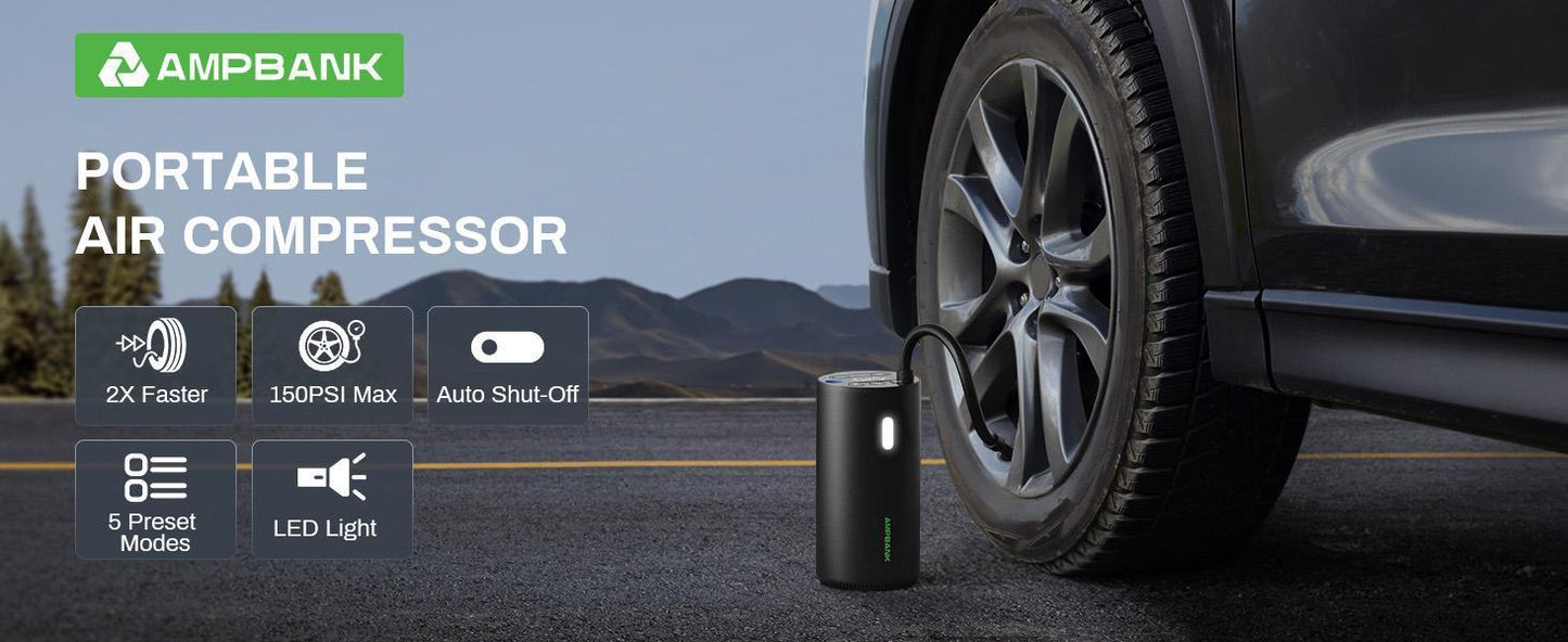 AMPBANK AT004 Smart Portable Tire Air Pump For Cars, Motorcycles, Bicycles And Balls With Pressure Gauge And LED Screen For Fast Inflation