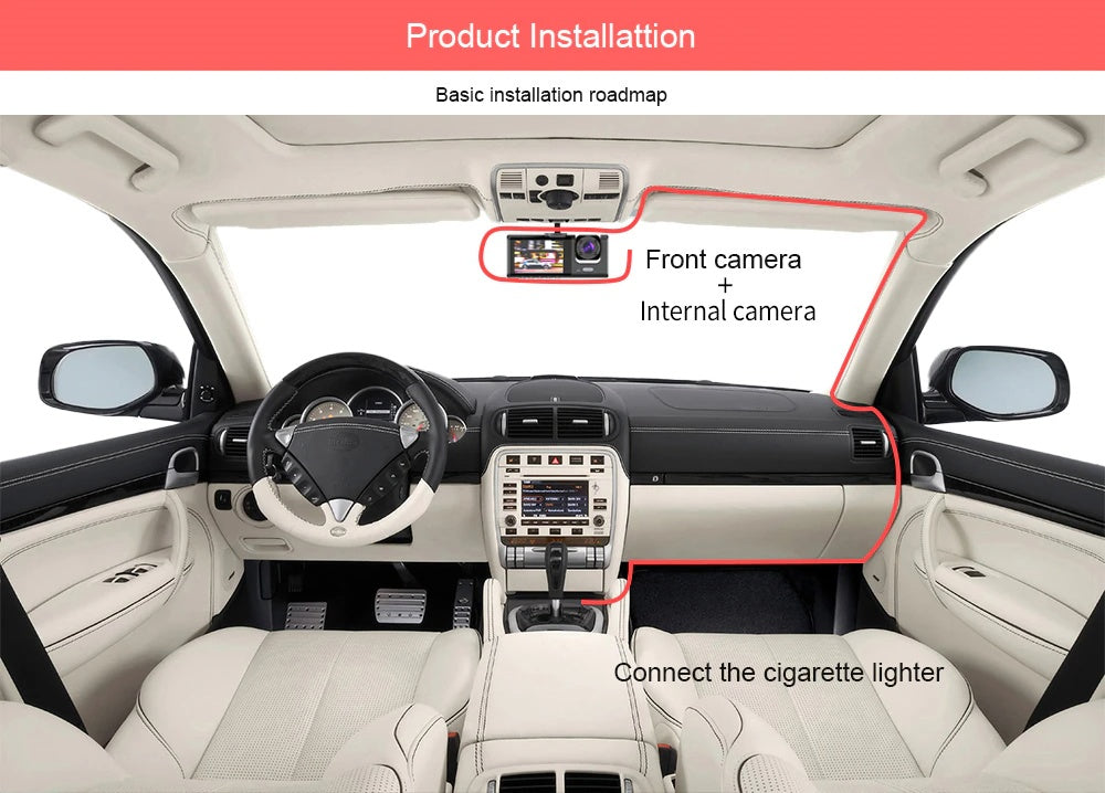 Car Dual Lens Dash Cam HD 1080P Front Rear Inside Video Recorder Camera G-Sensor