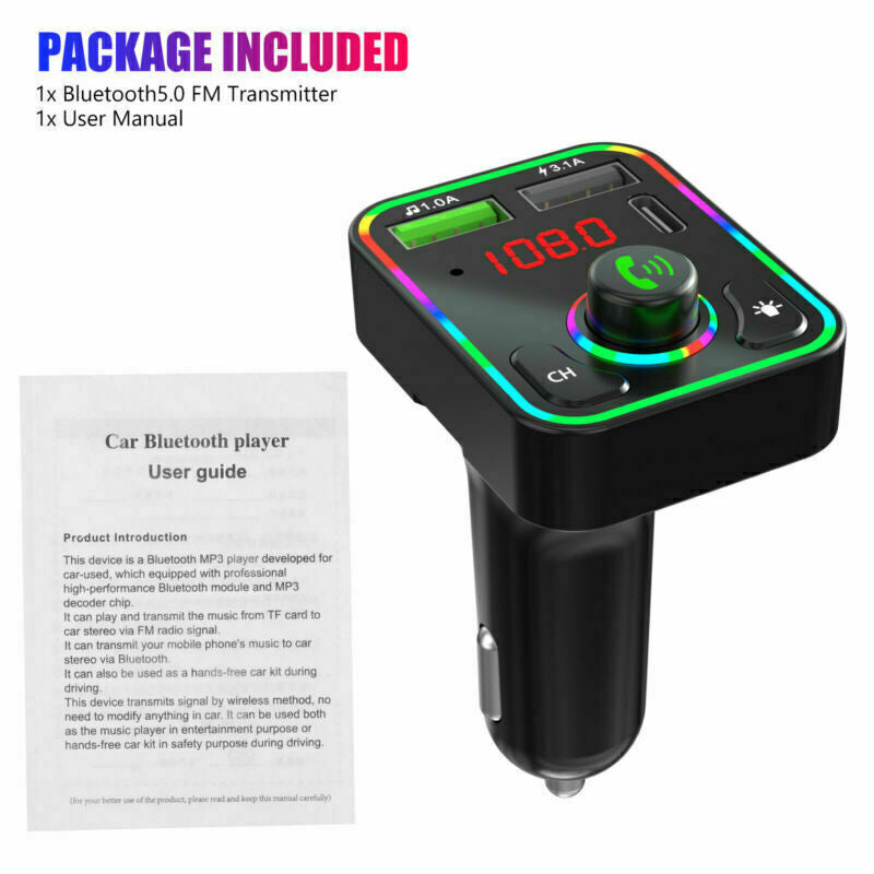 Car MP3 Bluetooth 5.0 Wireless FM Transmitter Adapter 2USB - PD Fast Charger AUX