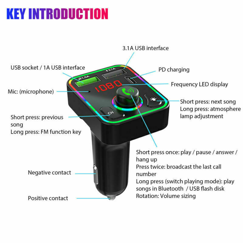 Car MP3 Bluetooth 5.0 Wireless FM Transmitter Adapter 2USB - PD Fast Charger AUX