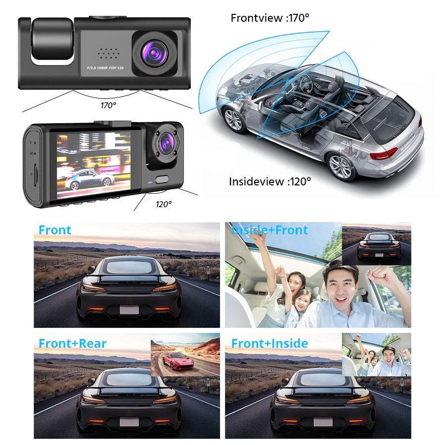 Car Dual Lens Dash Cam HD 1080P Front Rear Inside Video Recorder Camera G-Sensor